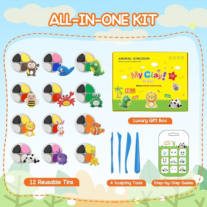 Air Dry Clay for Kids Air Clay Art Kits 12 Box Animals Theme Air Dry Modeling Clay Kit w/Sculpting Tools& Step-by-Step Tutorials,Ultra Soft Non-Sticky,Craft Party Favors Clay Toy Gift for Boys Girls