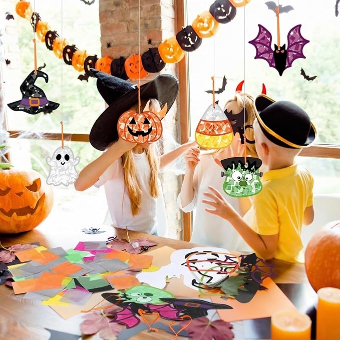 Feifeiya 24 Set Halloween Suncatcher Crafts with Tissue Paper DIY Stained Glass Effect Sun Catcher Kit Make Your Own Halloween Crafts Hanging Ornaments for Window Activity Creative Projects