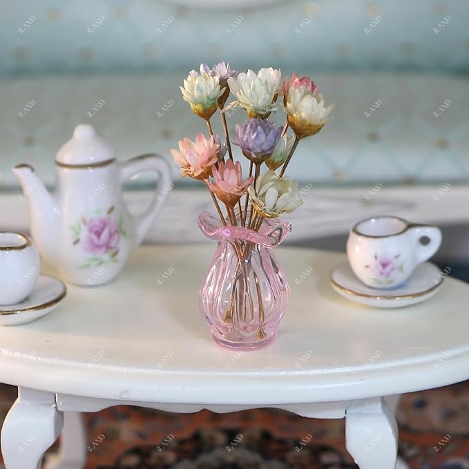 iLAND 1/12 Scale Accessories Mini Flower Vases w/ Dried Flowers 5 Pcs of 1/6 Scale Small Glass Vase for Cute Desk Decor & 12 inch Action Figures Dollhouse Accessories Mini House Decorations Exquisite