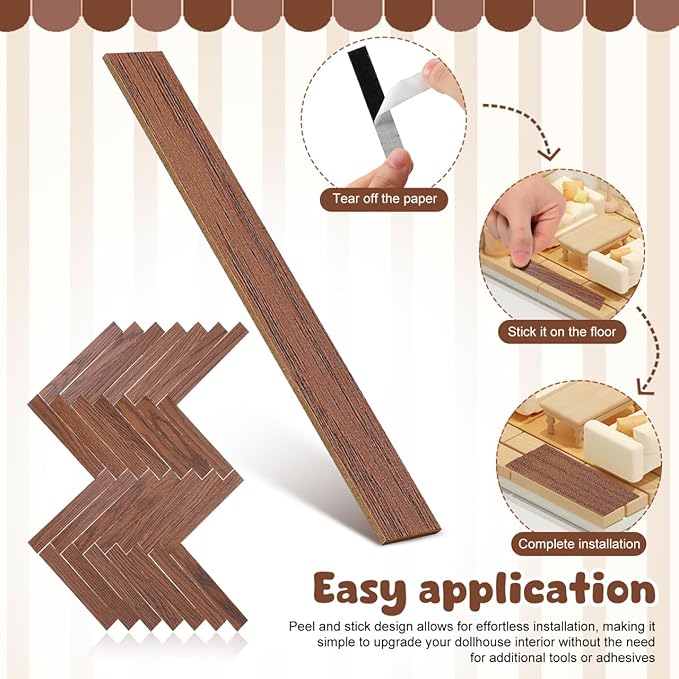 TOYANDONA 40Pcs Dollhouse Flooring Peel and Stick Miniature Floor Decorations Self Adhesive Walnut Tiles for Doll House Wallpaper and Trim