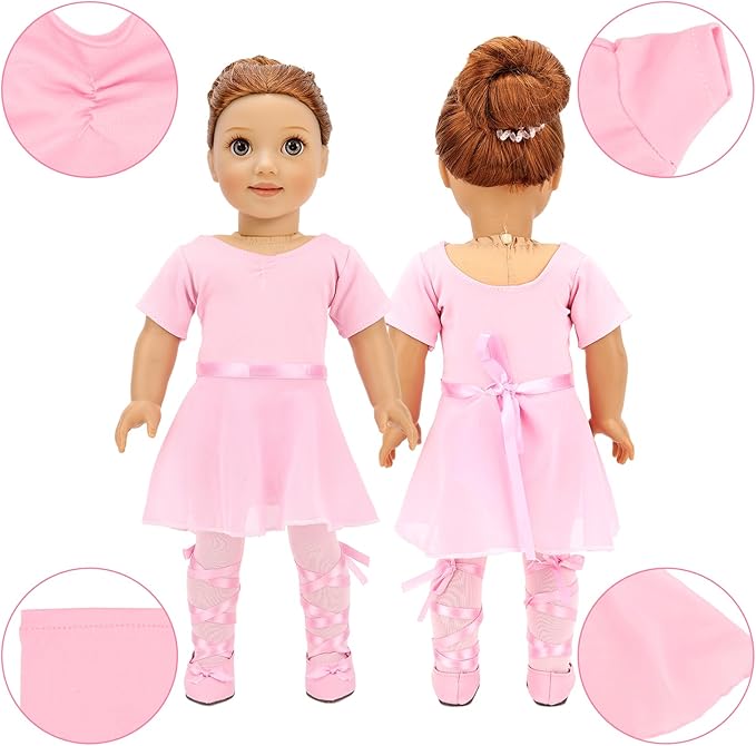 BARWA 18 Inch Doll Clothes Ballet Ballerina Outfits Dance Dress Custume Compatible with 18 Inch Dolls - 4 PCS Leotard with Tutu Skirt, Tights and Ballet Shoes