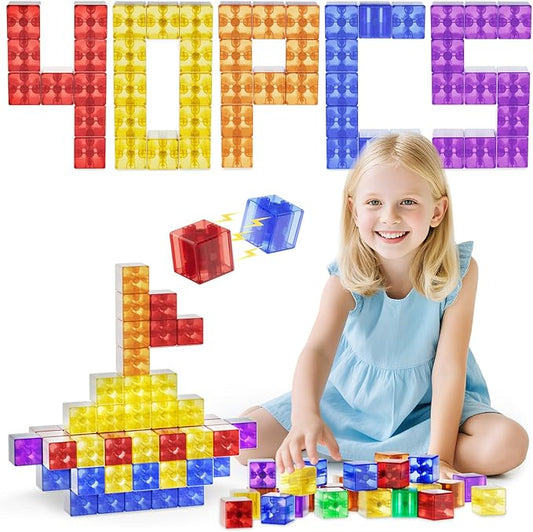 Transparent Magnetic Blocks for Kids Ages 4-8,40PCS Mini Play Magnet Building Shapes Set,Montessori Magnetic Cubes for Toddlers 1-3,Preschool STEM Educational Sensory Magnet Toys for Kids 3-5