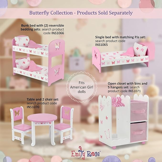 Emily Rose 18 Inch Doll Closed Door Clothes and Accessories Closet – Butterfly Furniture Collection – Fits 18” Dolls Like American Girl Our Generation Adora My Life As – Includes 5 Hangers – USA Brand