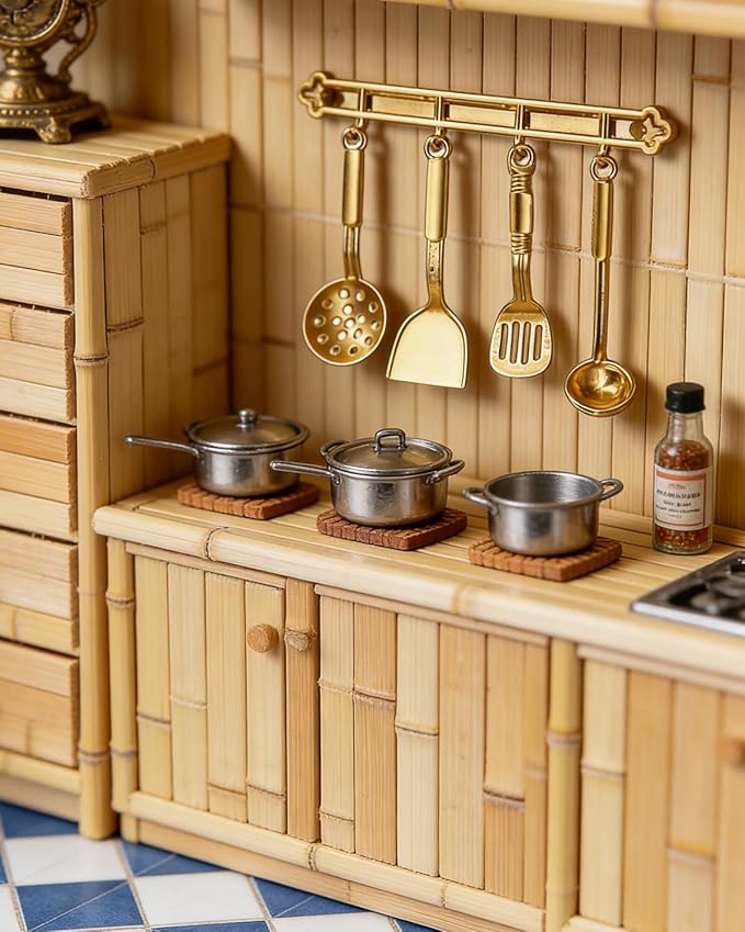 Mini Dollhouse Accessories Set, 1:12 Scale Tiny Miniature Decor for Doll House Furniture DIY (CookwareGolden)