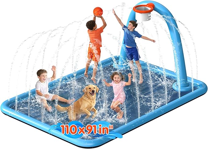Splash Pad, 110x91'' 2-in-1 Large Sprinkler Mat with Basketball Hoop and Arch for Kids Outdoor Play, Shoot Game for Backyard, Inflatable Water OutdoorToys More Fun for Boys and Girls