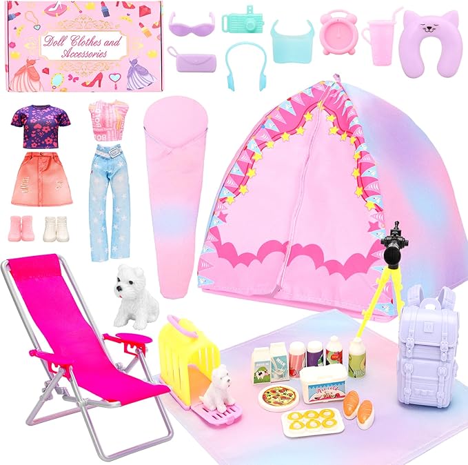 34 PCS Girl Doll Travel Camping Tent Set Includes Clothes, Food, Telescope, Tent, Sleeping Bag, Backpack, Chair, Shoes and Other Camping Accessories for 11.5 Inch Dolls （NO Doll）