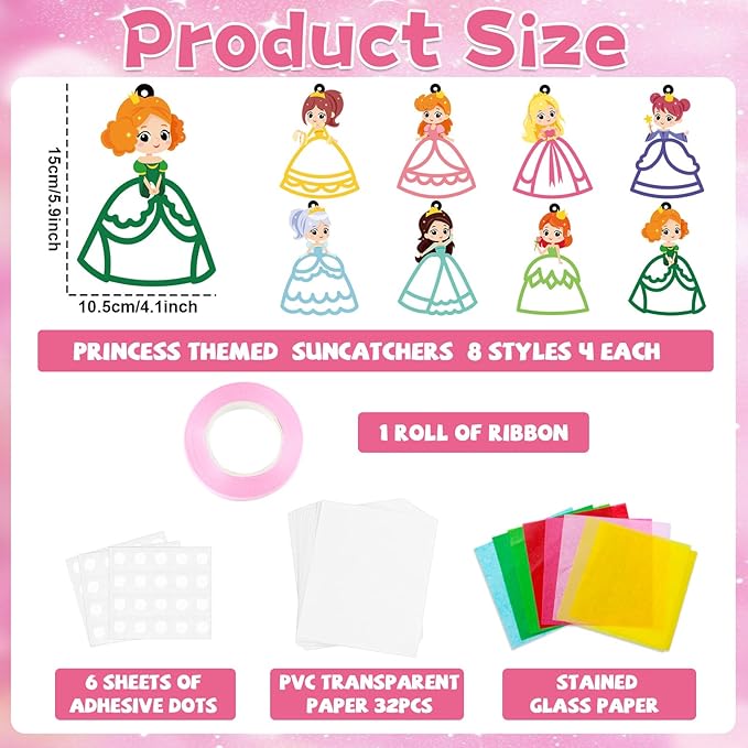 QOUBAI 32 Sets Princess Suncatchers Craft Kit DIY Window Stained Glass Effect Princess Paper Crafts Home School Classroom Decoration Kid Birthday Gift Creative Art Project Activity Game