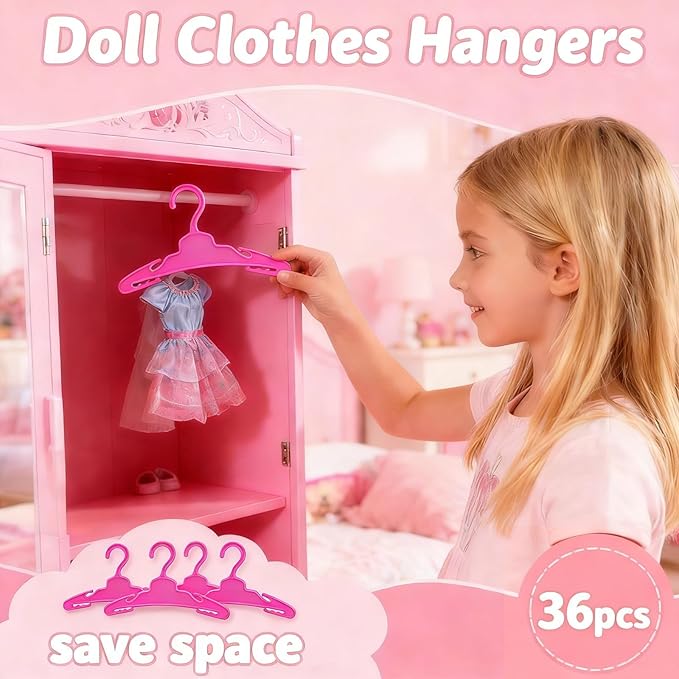 24 Pcs Doll Clothes Hangers for 18-Inch Dolls - Non-Slip, Space-Saving Wardrobe Accessories for Doll Gowns & Outfits (Purple&Rose red)