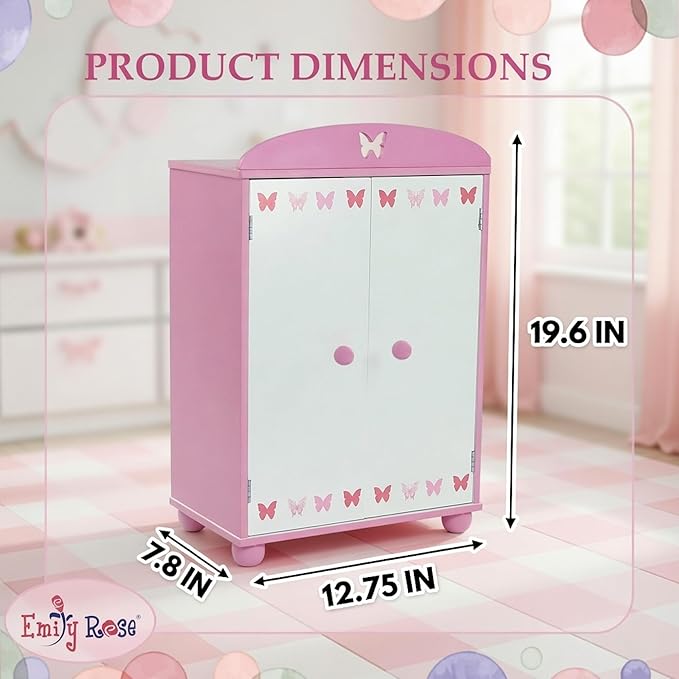 Emily Rose 18 Inch Doll Closed Door Clothes and Accessories Closet – Butterfly Furniture Collection – Fits 18” Dolls Like American Girl Our Generation Adora My Life As – Includes 5 Hangers – USA Brand