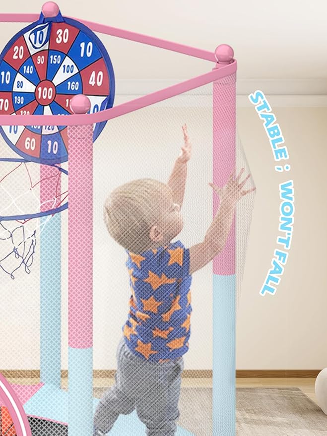 BLUERISE 55IN 6FT Toddler Trampoline for Kids Indoor Outdoor Play for Kids Trampoline Basketball Hoop Attachment with Enclosure Net Easy to Assemble