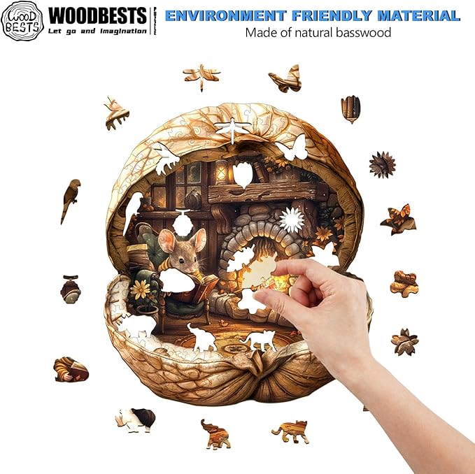 WOODBESTS Wooden Puzzles for Adults - Mouse's Walnut House, Mouse Wooden Jigsaw Puzzle, Unique Animal Wood Puzzles Adult, Xmas Gifts for Puzzle Lovers(185 Pcs, M, 11.4"x10.2")