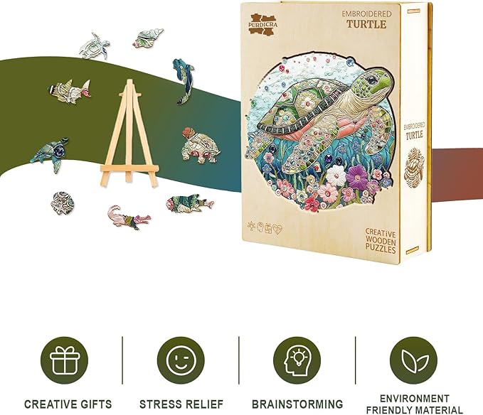 Wooden Puzzles for Adults - Embroidered Turtle Wooden Jigsaw Puzzle, Unique Animal Shaped Wood Puzzles Adult, Christmas Birthday Gifts for Friends/Family, Home Decor 13.4"x13.3"-270pcs
