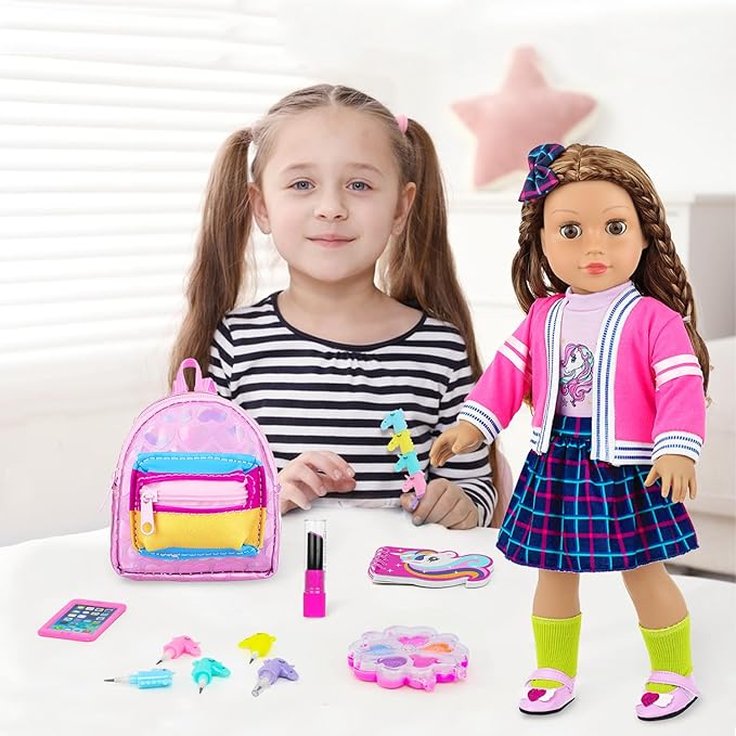 K.T. Fancy American 18 Inch Doll British Style Fashion Set 14 PCS Clothes & Accessory Collection with School Bag, Unicorn Stationery,Makeup Tools for 18" Dolls