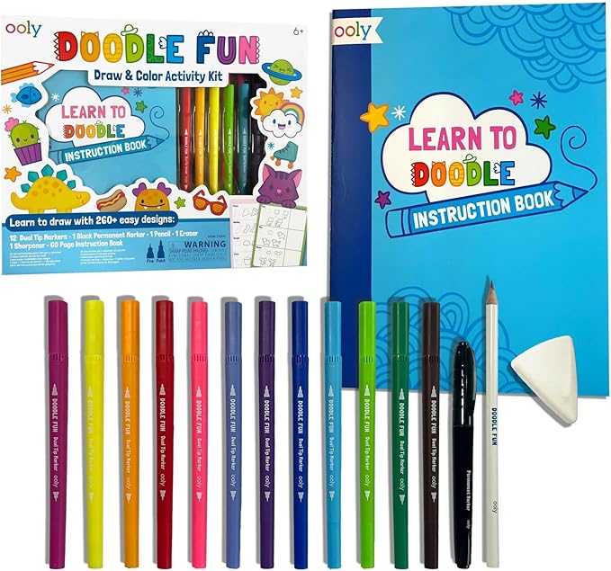 Ooly 17 PC Doodle Fun Draw & Color Activity Kit - Learn to Draw +260 Designs with 60 Page Instruction Book, Markers, Pencil & More- Great Screen-Free Entertainment