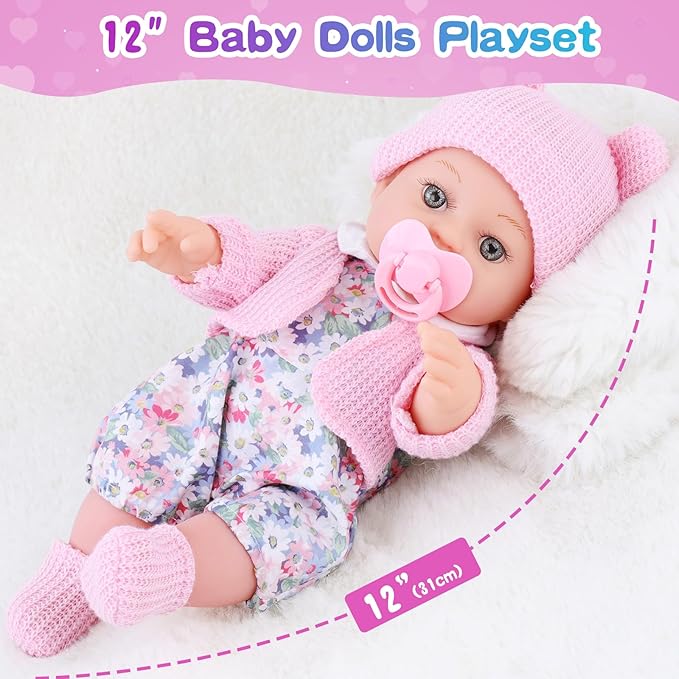 BDDOLL 12 Inch Baby Doll Backpack Playset with Dolls Clothes and Accessories Included Backpack, Washcloth, Bottles, Nipple,Socks, Hats