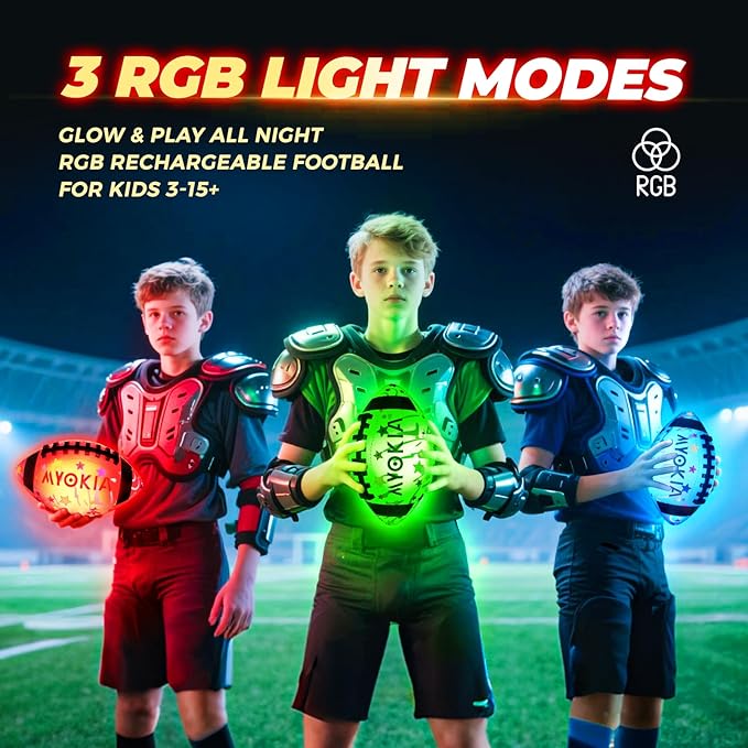 RGB Rechargeable Waterproof Light Up Football Birthday Gift for Kids & Teens 3-15+, Glow in The Dark Ball with Pump & USB Cable, Tri-Color (Red, Green, Blue), Size 6, Outdoor Night Games