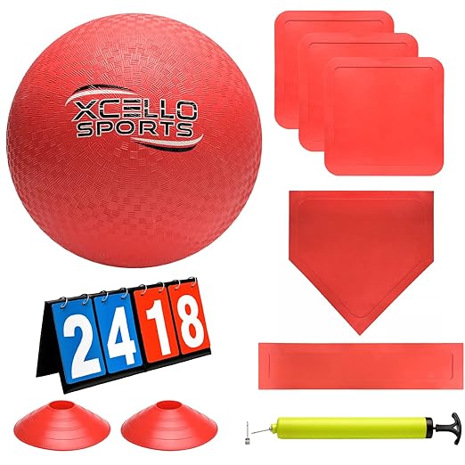 Kickball Set - 10" Playground Ball, Throw Down Bases, Foul Marker Discs, 12" Pump and Scoreboard