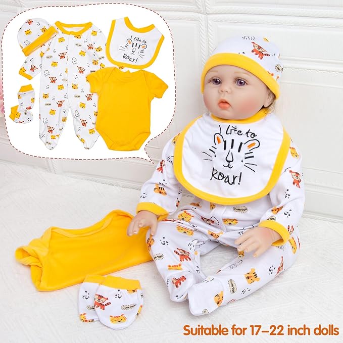 13 Pcs Reborn Baby Doll Accessories Boy 17-22 Inch Reborn Baby Clothes with Backpack Newborn Doll Outfit Diapers Cute Yellow Tiger Design