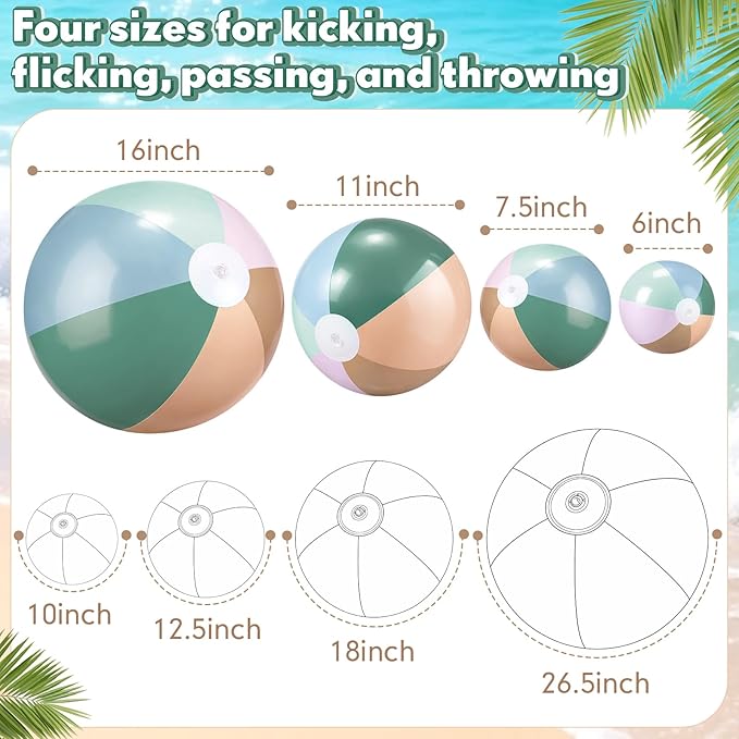 4 Pack Beach Balls in 4 Sizes (24" 16" 12" 8"), Inflatable Pastel Pool Balls for Kids Adults, Summer Beach Party Hawaiian Luau Birthday Party Supplies, Water Toys Gifts(Morandi)