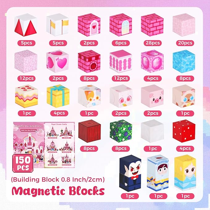 3 otters Magnetic Blocks 150PCS, Princess Castle Magnet Cubes STEM Montessori Building Toys for Girls, Sensory Gifts for Kids Birthday