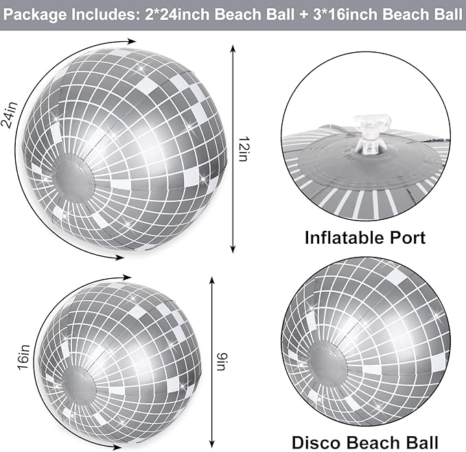 Whaline 5Pcs Inflatable Disco Beach Ball 24 & 16 Inch Round Pool PVC Balls Disco Theme Party Decoration for Indoor Outdoor Summer Beach Sports Theme Party Decor (Silver)