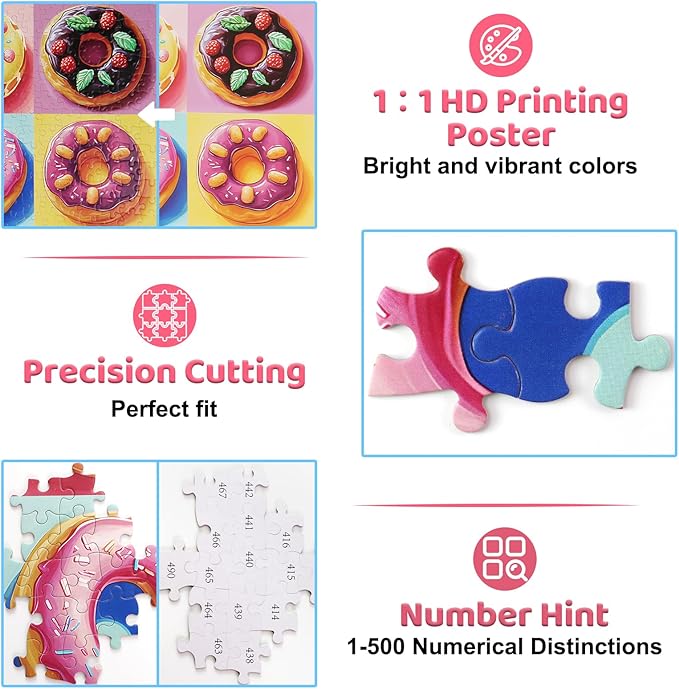 500 Piece Jigsaw Puzzle for Adults and Families - Colorful Donuts Pieces - Challenging Puzzle for Game Nights Holiday Family Party Decoration