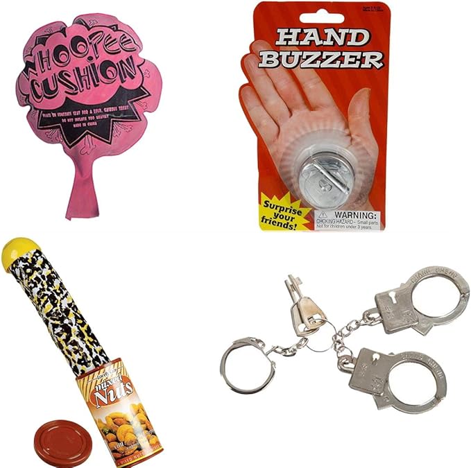 4 Tricks and GAGS, Snake in NUT CAN, Hand Buzzer, WHOOPEE Cushion, Thumb Cuffs Bundle