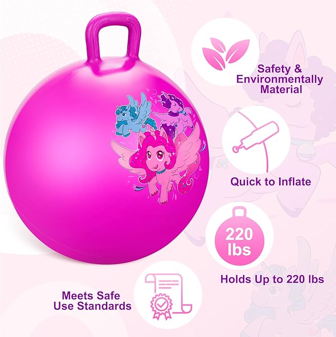 ZOOJOY Hopper Ball for Kids, 18 Inch Bouncy Ball with Handle, Pink Unicorn Girls Toys for Indoor Outdoor Acitve Play with Pump, Easter Basket Stuffers Girls Boys Gifts for 3 4 5 6 7 8 Yr Balance Toys