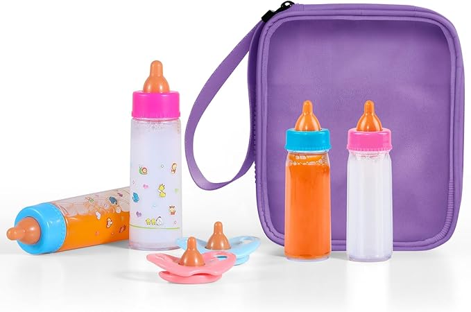 SCOM Baby Doll Bottle Accessories - 6 Pcs Feeding Bottle Toys, Magic Disappearing Milk & Juice, Pretend Play Set with Pacifiers Kids Gift Light Purple