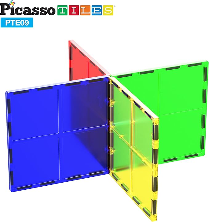 PicassoTiles 4pcs Magnetic Building Block Large Square Shape Magnet Tiles Construction Toy STEM Learning Kit Educational Playset Playboard Pretend Play Stacking Blocks Child Brain Development PTE09