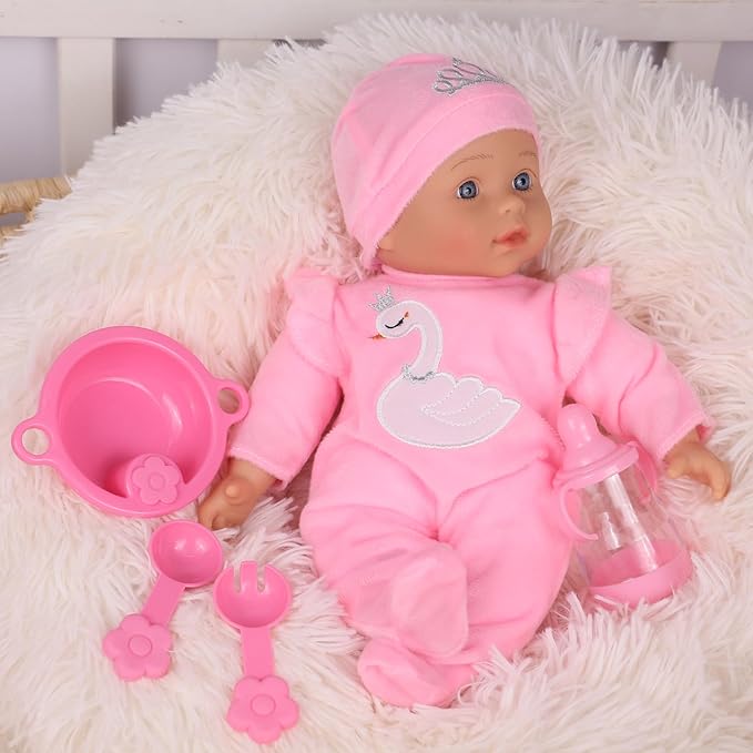 13" Soft Baby Doll with Take Along Pink Doll Backpack Carrier, 6 Piece Play Set with Bottle & Accessories(Pink)