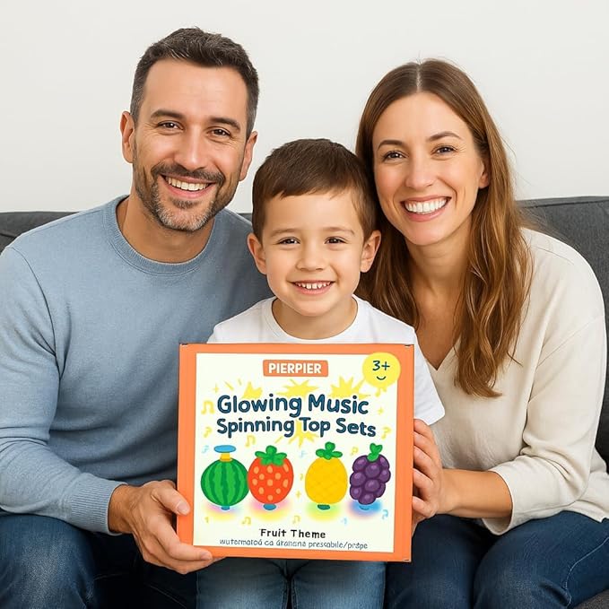 Fruit Spinning Tops for Kids, Stocking Stuffers & White Elephant Exchange Toys – 4 Pack Fruit-Themed Light-Up Toys with Music for Boys & Girls Toddlers