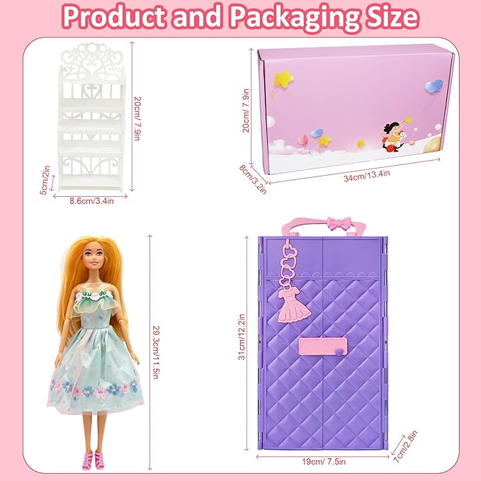 122 Pcs Doll Closet Playset with 11.5 Inch Dolls, Clothes and Accessories, Include Princess Dresses Shoes Bags Hangers Shoe Rack Doll Other Accessories, Dress Up Toys for Girls, Kids, Toddler (Purple)