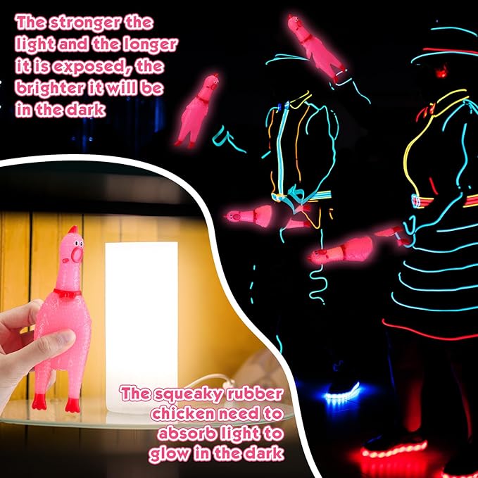 Honoson 50 Pcs Glow in The Dark Rubber Chicken 6.5 Inch Luminous Screaming Glowing Novelty Squeaky Chicken Prank Novelty Party for Adults, Family Games (Pink)