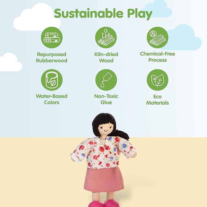 PlanToys® Mother Wooden Dollhouse Figurine | Poseable 1:12 Scale Mini Doll (5 Inch) | Dollhouse Accessories for Pretend Play | Eco-Friendly Montessori Toy for Kids Ages 3+