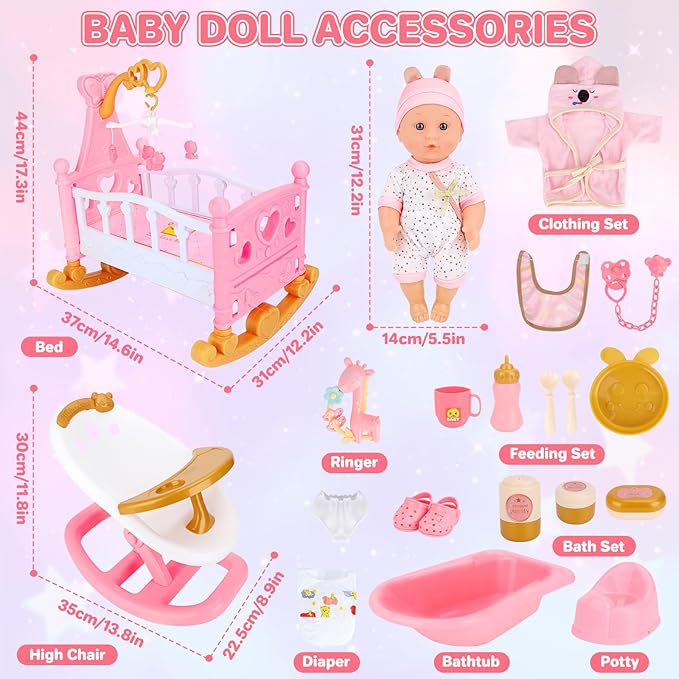 deAO Baby Doll Set Baby Doll Accessories 25Pcs Dolls Care Toy Play Set with Crib,High Chair,Milk,Bottle,Pacifier,Diaper Christmas Birthday Gift for Kids 3+ Years Old