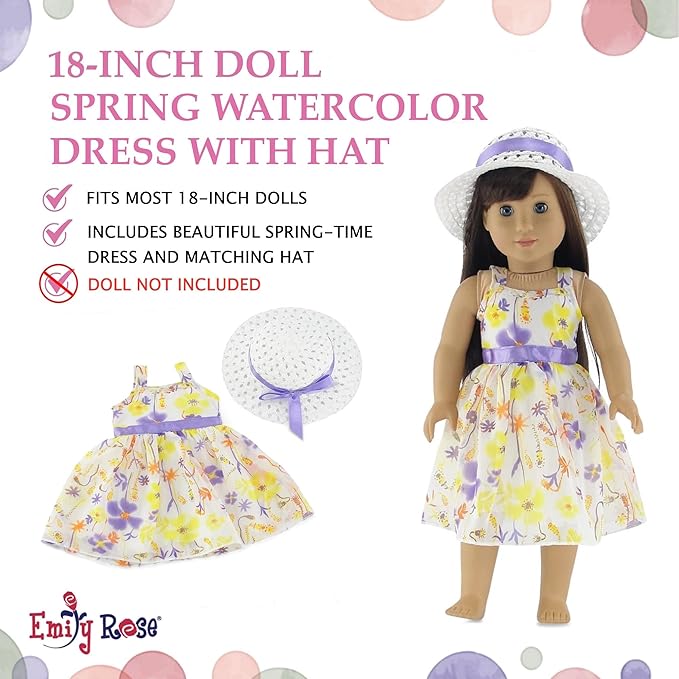 Emily Rose 18 Inch Doll Easter Spring Dress with Hat Chiffon Floral Sundress Outfit – Summer Dress & Matching Hat – Doll NOT Included – Fits American Girl Our Generation