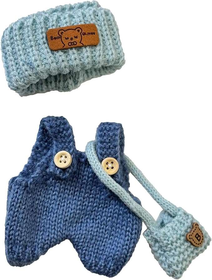 15 17cm Doll Clothes(NO Doll), Cute Dolls Outfit Accessories with Knitted Overalls + Hats + Bag, Small Kawaii Clothes Set for Dolls