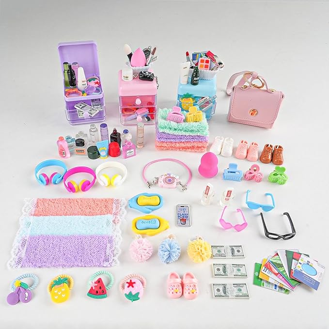 116Pcs Dollhouse Mini Accessories Set - Makeup Tools Bathroom Toiletries Handbag for DIY Micro Scene Decoration Simulation Shampoo Hair Dryer Cosmetic Brush for Bedroom Girl Novelty Toy Jewelry Box