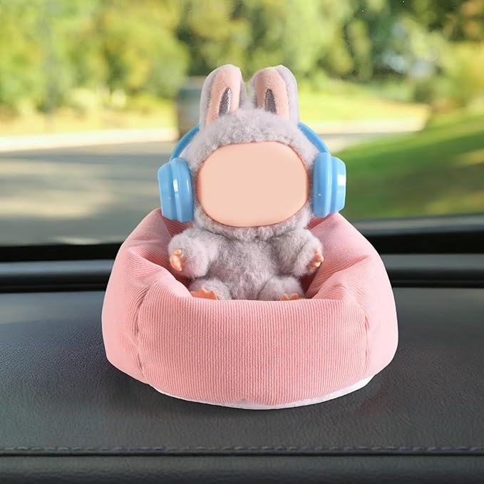 Doll Car Seat for LABUBU, Handmade Bean Bag Sofa with Blue Earphone, Anti-Slip Bottom，Cute Dispaly Accessories for 5.9-6.7in Dolls(Pink)