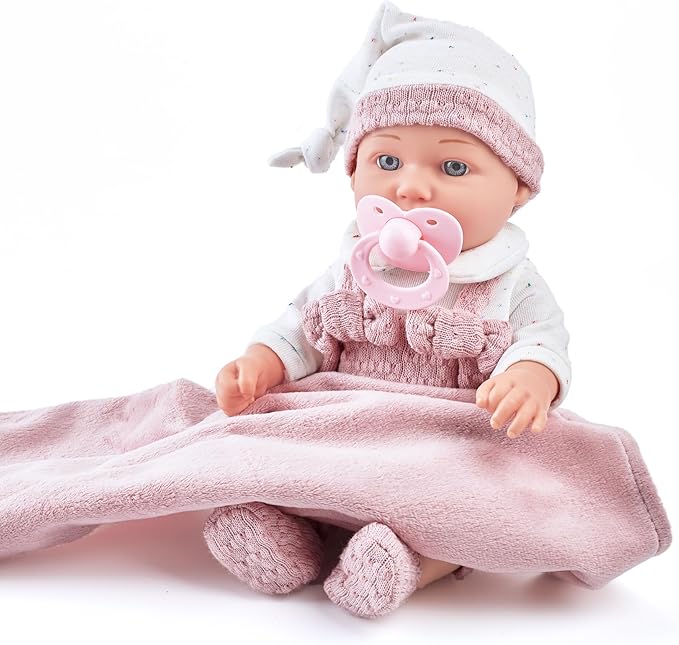 Enjoyin 12 Inch Baby Doll Playset for Toddlers Girl - Doll Accessories with Pink Clothes, Pacifier, Feeding Bottle& Soft Blanket, for Girls Ages 3 and Up