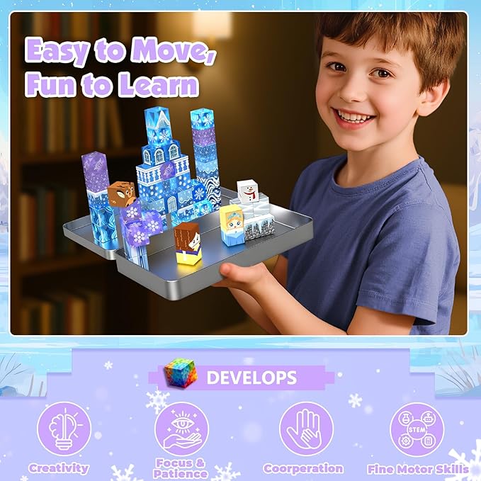 Magnetic Blocks, 45pcs Travel Toys Building Set with Magnetic Tin Box, Transparent & Light Up Magnet Cubes for Blue Snow Castle Build, Princess Toy Birthday Gift for Kid Girl 3+ Easter Basket Stuffers