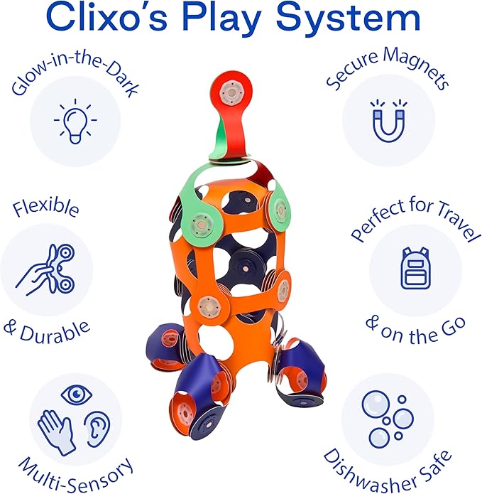 Clixo Mars Station Pack - 48 Magnetic Pieces in 14 Shapes. Flexible STEM Building Glow-in-The-Dark Set with All-Terrain Wheels & Galactic Adventure. Build Rovers, Spaceships & Labs. Ages 6+