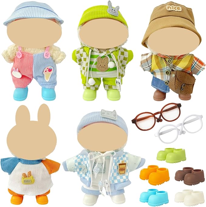 Ezcora 5 Casual Outfit Sets for 17cm Dolls – Colorful Clothes with Hats, Glasses, and Matching Shoes, Cool Dress Up Accessories for 17 cm Doll Play and Display, (No Dolls)