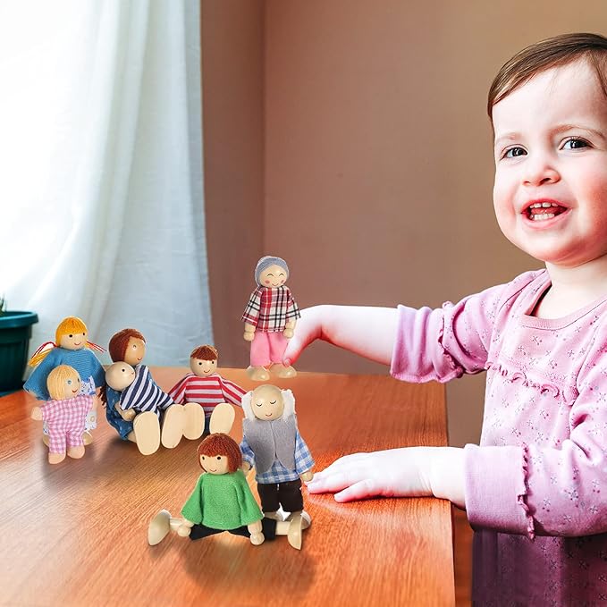 Jzszera Wooden Doll House People of 8 Figures, Dolls Family Set for Girls Toddler Kids Dollhouse Accessories Toy
