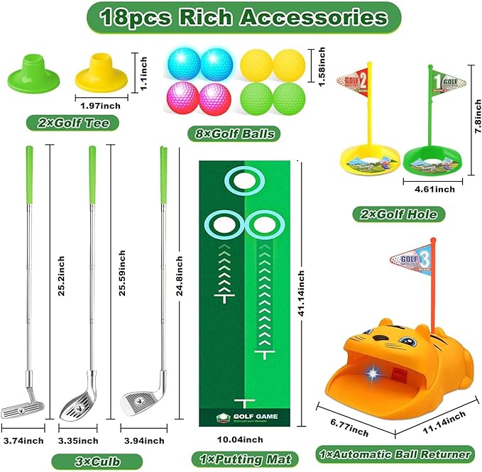 Upgraded Kids Toy Golf Set with Tiger Automatic Returner, Led Light Up Night Golf Balls, 3 Clubs, Putting Mat, 3-8 Toddler Mini Golf Games, Indoor Outdoor Sports Toys for Kids