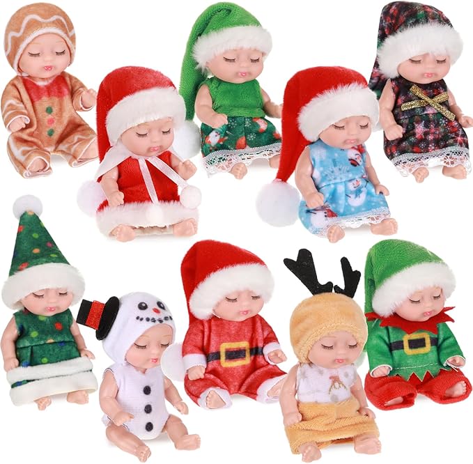 Hanaive 10 Pcs 4 Inch Mini Baby Dolls Lifelike Realistic Tiny Baby Dolls with Animal Clothes Cute Infant Figurine Gifts Set for Toddlers Girls Kids 3+ Easter Graduation Birthday(Santa Style)