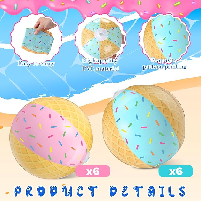 12 Pack Ice Cream Themed Beach Ball Blue Pink 7.87 Bulk for Summer Pool and Beach Game Gifts Birthday Party Supplies Decorations Favor