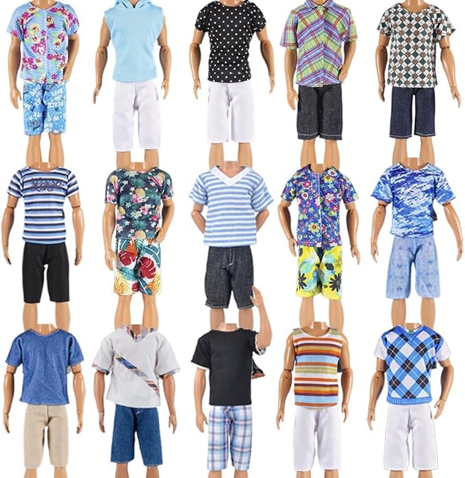 E-TING 10-Item Fantastic Pack = 5 Sets Fashion Casual Wear Clothes Outfit for boy Doll with 5 Pairs Shoes (Leather Jacket + Casual Wear Clothes + Swimwear)