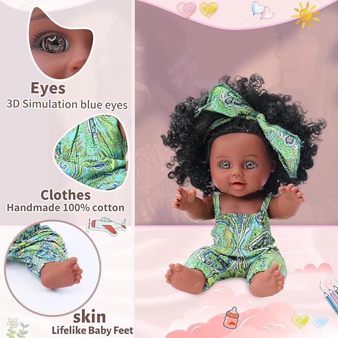 10 INCH Black Baby Doll Toy with Accessories - African American Baby Dolls in Gift Box - Ideal Holiday, Christmas, Birthday Gift for 3 Year Old Girls - Soft Body Black Dolls for Toddlers